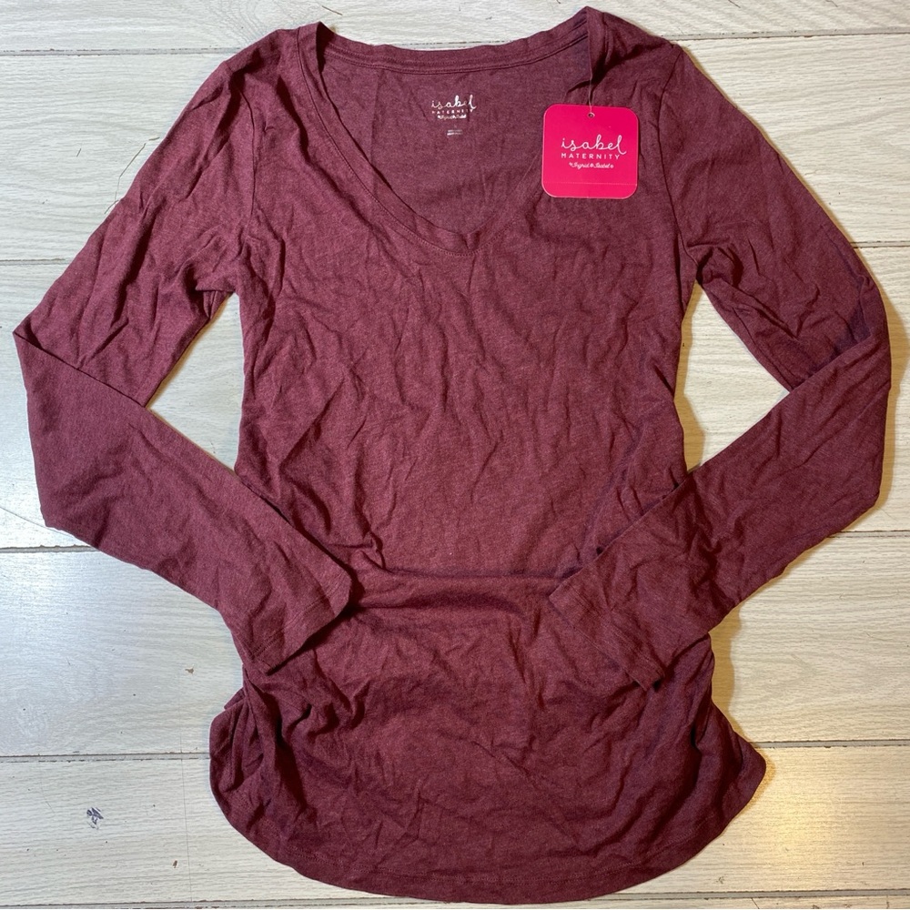 Ingrid & Isabel Side Shirred Maternity Top Long Sleeve Shirt S Burgundy NWT!